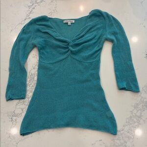 Beth Bowley 100% Cashmere Teal Twist Knot V-Neck Sweater Petite 3/4 Sleeve